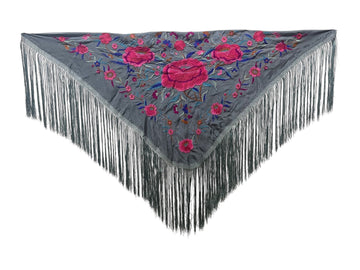 Mantón gris bordado buganvilla