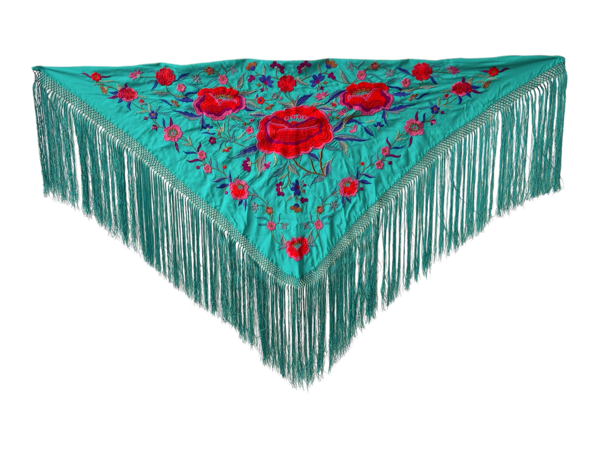 Mantón esmeralda bordo rojo