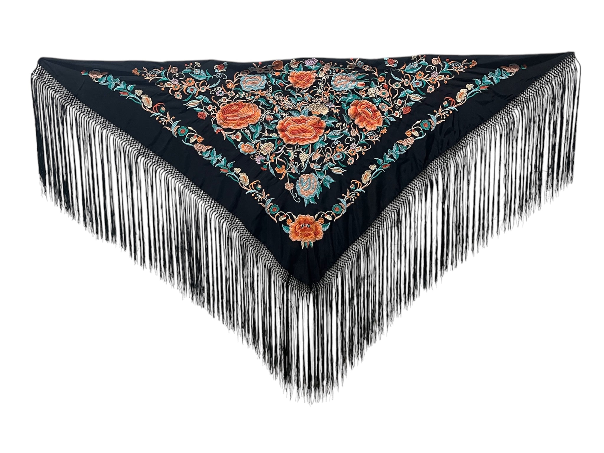 Mantón negro bordado coral