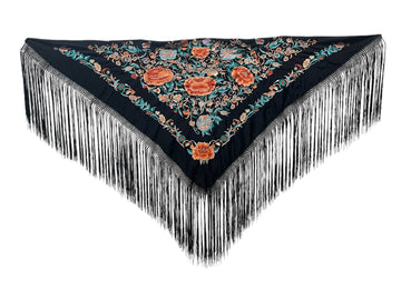 Mantón negro bordado coral