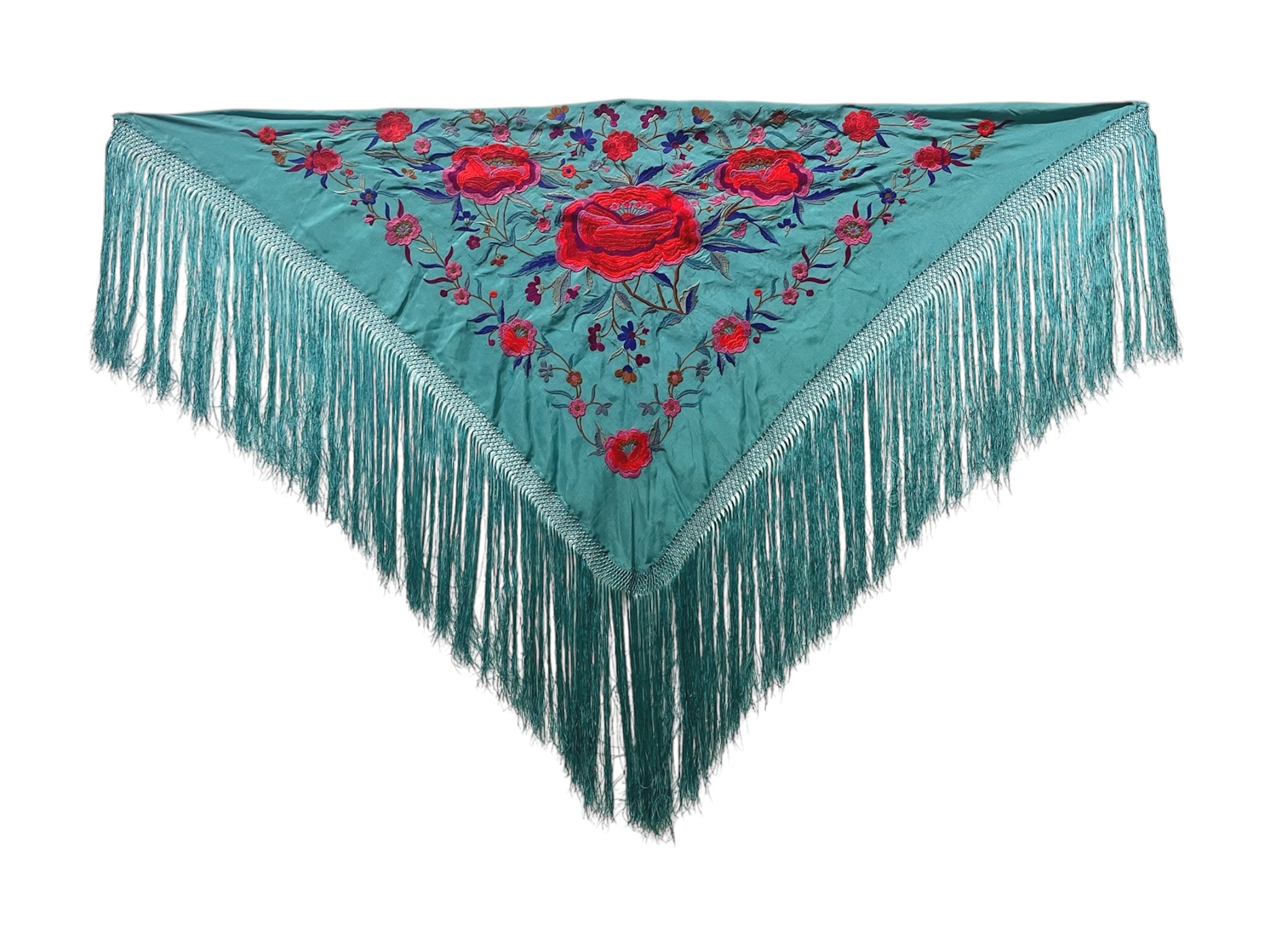 Mantón Verde Bordado Rojo